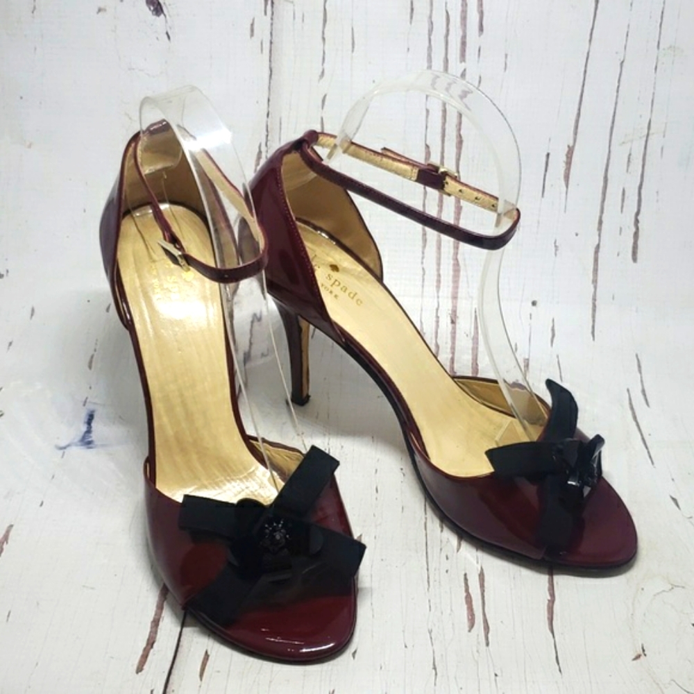 Kate Spade 8 red wine ankle strap heels with black beaded bow